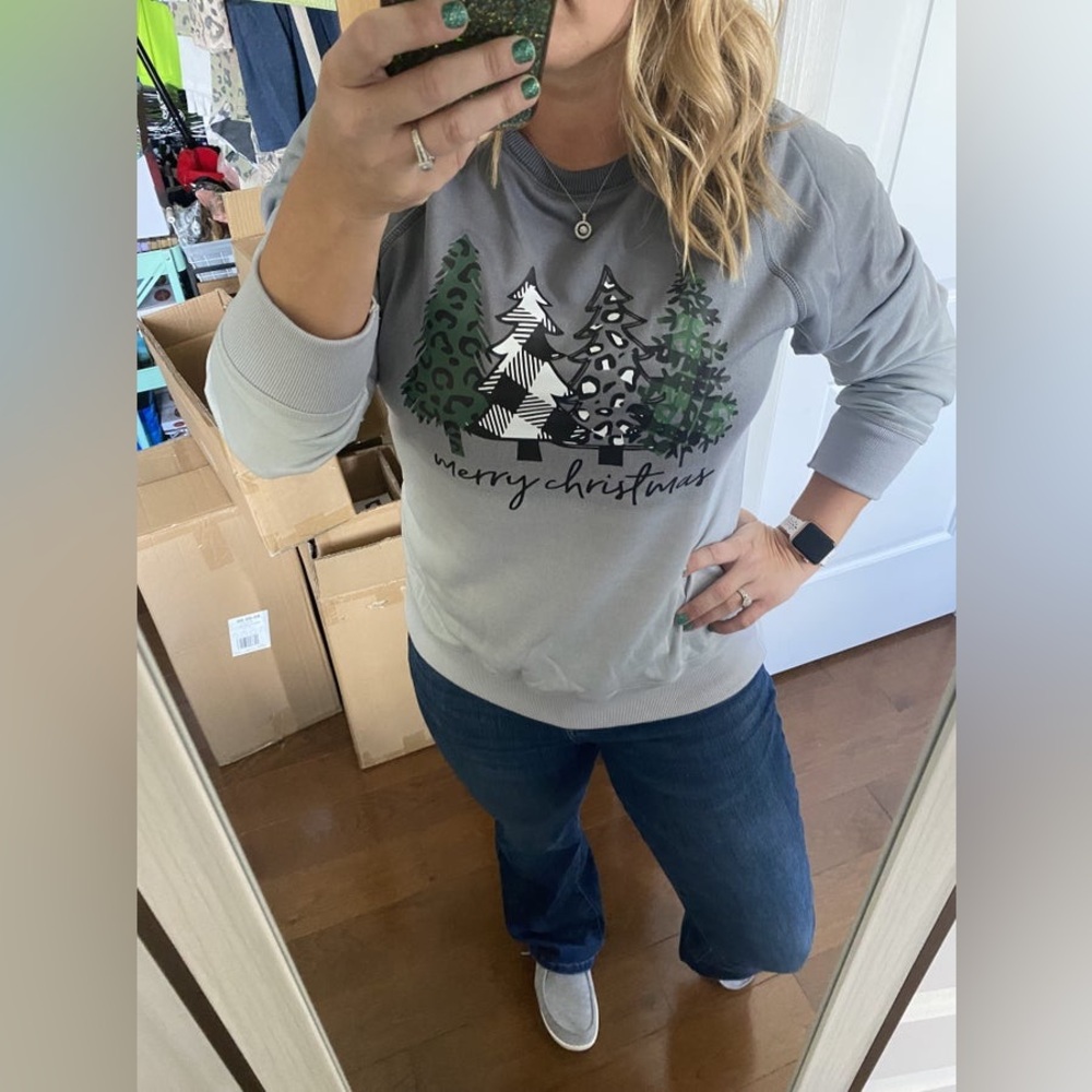 Gray Ombre Green  Black Plaid Trees Merry Christmas Sweatshirt size large